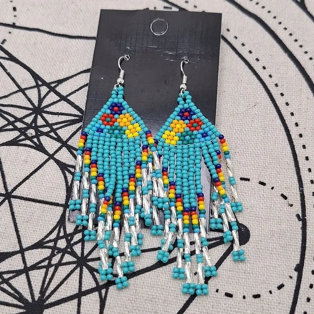 Western beaded earrings Turquoise tribal design dangles fringe tassel